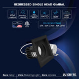LUXRITE 1-Head Regressed Gimbal LED Recessed Spotlight, 360°+15° Adjustable, 5CCT 2700K-5000K, CRI90, 15W, 1000 Lumens, 60° Beam Angle, Square Black Finish, Dual Dimmable, IC & Wet Rated (4 Pack)