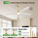 60 Inch White Ceiling Fan with Light, Gold Brass Finish,5 Solid Wood Blades
