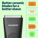 MANSPOT Manscape Groin & Body Hair Trimmer for Men, Electric Ball Pubic Trimmer Shaver,Manscape Kit with 4 Guard,Replaceable Ceramic Blade Heads,Waterproof Wet/Dry Shaver,90 Minutes Shaving