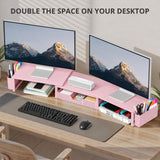 OPNICE Desk Organizers and Accessories, Dual Monitor Stand Riser with Drawer and 2 Pen Holders, Desk Shelf Computer Racks & Printer Stand for Office Workspace Organizers, Desktop Organization (Light Pink)