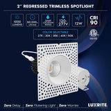 LUXRITE 2 Inch Trimless LED Recessed Lighting, 12W, 1000LM, 5CCT 2700K-5000K, 38° Beam Angle, Dimmable, Push-n-Lock Spotlight, CRI 90, Damp & IC Rated, Plaster Downlight, ETL (4 Count (Pack of 1))