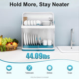 dunghLin 2 Tier Dish Drying Rack with Lid Cover, Drying Rack Storage Case with Drain Board, Kitchen Countertop Dish Organizer for Plates, Bowls, Spoons, Forks