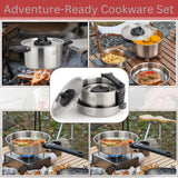 Stainless Steel Camping Kitchen Cookware Set - Frying Pan With Detachable Handle - Nesting Pots for Backpacking, Camp, and RV Cooking - 6 Piece Mess Kit - 1.5L Frypan, 1.5L Small Pot & 3.5L Medium Pot