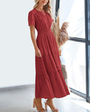 BTFBM Womens Summer 2026 Casual Midi Maxi Dresses Lightweight Short Sleeve V Neck Elastic Waist Boho Beach Dress Pockets(Red, X-Large)