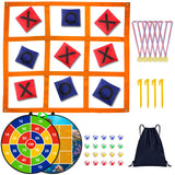 Outdoor Game Set, Giant Tic Tac Toe Games 4.5FT x 4.5FT Double-Sided, 26" Dart Board with Sticky Balls, Soft Plastic Cones Ring Toss for Kids Adults Family Outside Carnival Lawn Yard Party Games