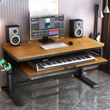 KWOKING Office Computer Desk with Organized Wiring & Keyboard Shelf Workbench Electronic Piano Midi Keyboard Music Production Recording Studio Hand-cranked Lifting Table Oak 55" L x 24" W x 30" H