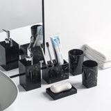 5-Piece Bathroom Counter Top Accessory Set - Dispenser for Liquid Soap or Lotion, Soap Dish, Toothbrush Holder and 2 Tumblers, Marble Pattern Resin (Ink Black)