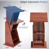 Pneumatic Height Adjustable Podium, Professional Presentation Lectern with 24 inch Platform and Storage Shelves