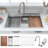 33 Inch Drop In Kitchen Sink with Waterfall Faucet Combo - VOKIM 33x22-Inch Drop In Sink Workstation Stainless Steel 16 Gauge Single Bowl Kitchen Sinks with Cutting Board