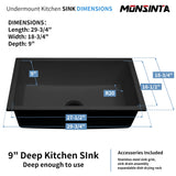 MONSINTA Black Kitchen Sink, Matte Black Granite Composite Kitchen Sinks with Accessories, 30 Inch Undermount Quartz Stone Kitchen Sinks, 30" x 19" x 9" Large and Deep Single Bowl Kitchen Sinks