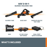 WORX 40V Leaf Blower Cordless with Battery & Charger, 3-in-1 Blower for Lawn with Vacuum and Mulcher, Cordless Leaf Blower