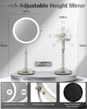 VFD 30X/1X Makeup Mirror with Lights, Height Adjustable Lighted Magnifying Vanity Mirror with 3 Lighting and Adjustable Brightness, 3000mAh Rechargeable Double Sided Switch for Desk Women Gift