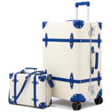 universal trotter Vintage PU Leather Luggage Set, Retro Trunk Suitcase with Wide Aluminum Frame, TSA Key Locks and Smooth 360° Spinner Wheels (Coastal Blue Trim,26"+12")