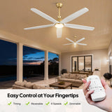60 Inch White Ceiling Fan with Light, Gold Brass Finish,5 Solid Wood Blades