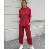SeeLuNa Women's Two Piece Outfits 3/4 Batwing Sleeve Capelet Crew Neck Pullover Top Wide Leg Pants Lounge Set(Wine Red,XL)