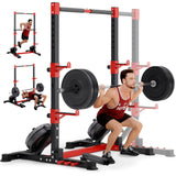 Squat Rack with Adjustable Pull-Up Bar & Extended Safety Arms, 35"-67" Width, Fixed 83” Frame Height, Pull-Up Bar Height 71.5"-80.5", Fits 6FT & 7FT Barbells