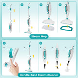 10-in-1 Steam Mop, 1550W Detachable Handheld Steam Cleaner with 350ML Tank for Floor Cleaning, 16FT Power Cable, 2 Washable Pads, Multi-Purpose Steamer for Hardwood, Carpet, Tile, Windows,Cyan