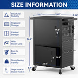 Mobile AV Cart Heavy Duty Computer Cart with 2 Locking Cabinets Rolling Media Cart with Outlets Pegboard Hooks Lock Brake Wheels Mobile Computer Workstation Perfect for Home Office