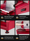 FOHERE 250W Meat Slicer Machine for Home, Electric Food Slicer with Stainless Steel Tray & Three 7.5" Stainless Steel Blade, 0-15mm Precise Thickness Deli Meat Slicer for Bread Fruit Vegetable (Red)