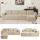Furnify 136" Cloud Sectional Couch, Left/Right Facing Convertible Sofa with Deep Seat, L-Shape Modular Upholstered Foam Couch for Living Room Bedroom, No Assembly Required (Corduroy Fabric, Beige)