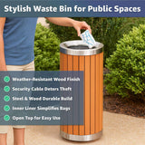 13.5 Gallon Round Outdoor Trash Can with Open Top - Commercial Steel and Wood