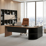 Executive L-Shaped Office Desk with Storage Shelves, Modern Executive Desk with Curved Edge