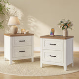 PIXOURA Farmhouse Nightstand Set of 2 with Charging Station, 22'' Wide Bedside Table with 2 Drawers & Metal Handle, Wood Night Stand End Side Table with Storage for Bedroom, Rustic White