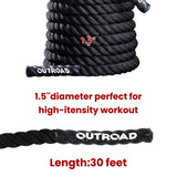 Outroad Battle Rope, 1.5" Diameter 30ft Poly Dacron Workout Exercise Training Heavy Rope, Workout Equipment for Crossfit Training Home Gym & Fitness Exercises, Black OUTROAD OUTDOOR CAMPING GARDEN PATIO