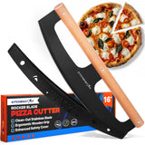 KitchenStar 16-Inch Pizza Cutter Rocker Blade - Razor Sharp Stainless Steel Slicer Knife, Stylish Beech Wood Handle, Protective Cover - Professional Pizza Oven Accessories, Black