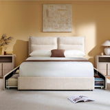 ModernMate Queen Bed Frame with 4 Storage Drawers, Upholstered Bed Frame with Adjustable Headboard, Dual Cushions Design, OEKO-TEX Fabric, Noise-Free, Wooden Slats Support, No Box Spring Needed, Beige