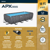 Bestway APX 365 18' x 9' x 52" Above Ground Pool, Rectangular Metal Frame Outdoor Swimming Pool Set with Sand Filter Pump, Ladder, and Cover, Dark Marble