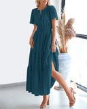 BTFBM Womens Summer 2026 Casual Midi Maxi Dresses Lightweight Short Sleeve V Neck Elastic Waist Boho Beach Dress Pockets(Lake Blue, XX-Large)