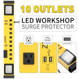 Heavy Duty Metal 10 Outlets 6FT Long Power Strip with LED Worklight, Yellow