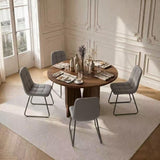 HIPIHOM Modern Round Dining Table Set for 4, 39.4" Walnut Kitchen Table with 4 PU Leather Chairs, 5-Piece Mid-Century Dining Room Set for Small Spaces, Pedestal Base