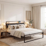 Woanke Queen Size Bed Frame with Storage, Queen Bed Frame with Headboard & LED Lights & Charging Station, Black Queen Bed Frame No Box Spring Needed, Metal Bed Frame Noise-Free/Simple Assembly, Black
