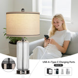 WIHTU Table Lamps Set of 2 with Vertical Grained Glass, 3-Way Dimmable Nightstand Lamp with Touch Control, 27" Modern Glass Bedside Lamps with USB A+C Ports, Glossy Black Desk Lamp for Bedroom