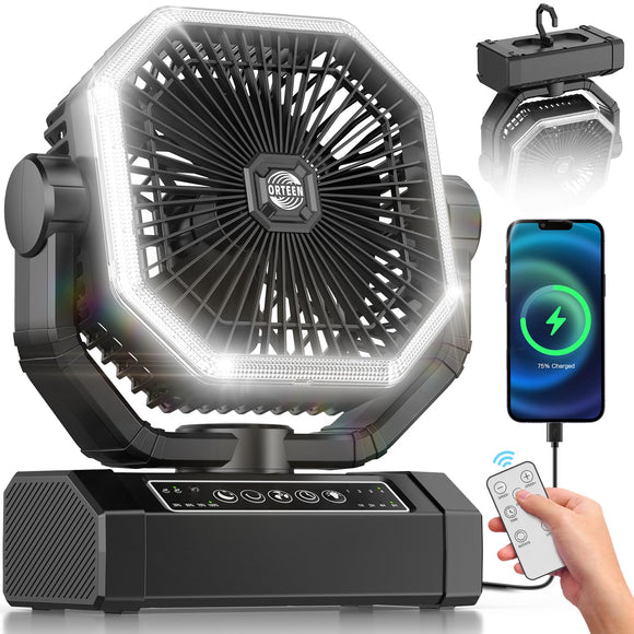 Portable Rechargeable Fan - 9-Inch Camping Fan with Light - 60Hrs 20000mAh Battery Operated Fan for Camping - Outdoor - Tent Fan with Remote, 4 Speeds, 4 Timing, Shaking Head Camp Fan for Tent Orteen