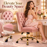 Pink Velvet Home Office Desk Chairs, Armless Vanity Chair with Wheels