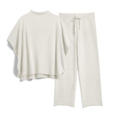 SeeLuNa Women's Two Piece Outfits 3/4 Batwing Sleeve Capelet Crew Neck Pullover Top Wide Leg Pants Lounge Set(Light Gray,S)