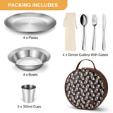 Odoland Stainless Steel Camping Mess Kit for Family & 4 Person, Cooking Tableware Utensils with Plates Bowls Forks Spoons Knives & Savings Bag for Camping, Backpacking, Hiking, Picnic, 4 Person Set