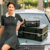 universal trotter Vintage PU Leather Luggage Set, Retro Trunk Suitcase with Wide Aluminum Frame, TSA Key Locks and Smooth 360° Spinner Wheels (Heritage Olive,12"+20"+26")