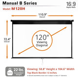 Elite Screens Manual Pull Down Projector Screen 120-INCH Home Movie Cinema Gaming Office Presentation, ISF Certified, Auto-Lock Mechanism, 4K / 8K 3D Ultra HDR HD Ready, M120H