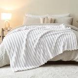 NEWCOSPLAY Super Soft Twin Blanket White Premium Silky Flannel Fleece 3D Ribbed Jacquard Lightweight Bed Blanket All Season Use (White Ribbed, Twin(60"x80"))
