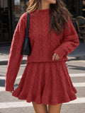 Tankaneo Womens 2 Piece Sweater Skirts Set Chunky Cable High Neck Long Sleeve Sweaters Ruffle Mini Skirt Lounge Set