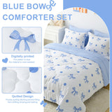 Wajade 7 Piece Blue Bow Comforter Set for Girls Kids Queen Size Bedding Set with Sheet and 2 Pillowcases 2 Pillow Shams Cute Girls Bed in a Bag as Birthday Choice