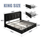 nesture. King Storage Bed Frame with 4 Large Drawers, Platform Bed with Upholstered Button Headboard & Charging Station, Wingback Storage Headboard, Noise-Free, No Box Spring Needed, Black