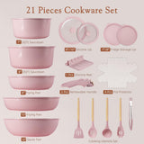 Astercook 21 Pcs Pots and Pans Set Non Stick, Ceramic Cookware Set Detachable Handle, RV Kitchen Cooking Set Removable Handles, Oven Safe, Induction Ready, Stackable, Pink, Mothers Day Gifts