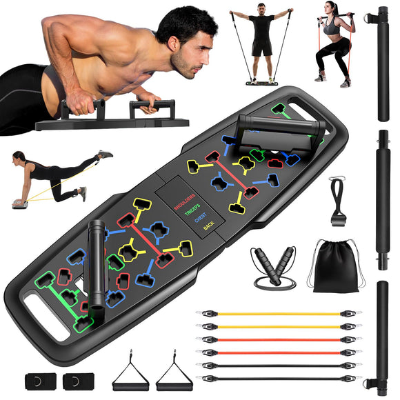 KUYOU Portable Home Gym Workout Equipment, Push Up Board, Pilates Bar & Fitness Accessories with Resistance Bands for Upper Body Strength Training Full Body Workout at Home KUYOU