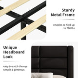 Queen Upholstered Bed Frame with Headboard and LED Lights, Modern Faux Leather Bed Frame with Wooden Slats Support and Heavy Duty Mattress Foundation, No Box Spring Needed, Easy Assembly, Black