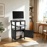 Mobile AV Cart with Locking Cabinet, Adjustable Rolling Computer Cart Large Utility Carts w/Pullout Keyboard Tray 3 Outlets & 2 USB Ports for Home Office